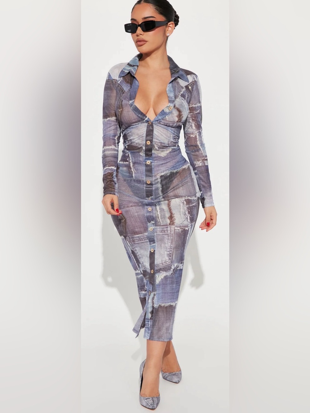 Denim Print Button-Front Bodycon Dress in Blue